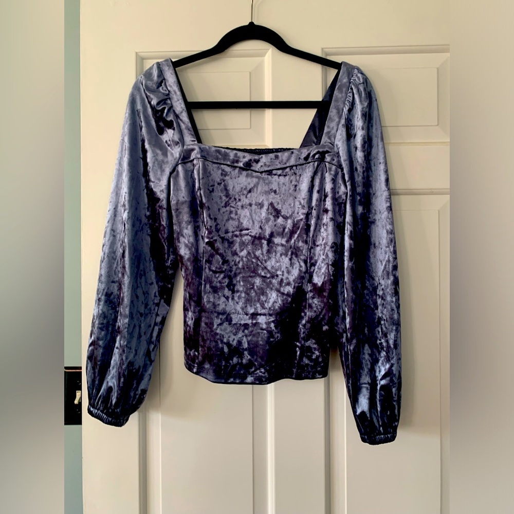 Anthropologie smocked blue velour top medium